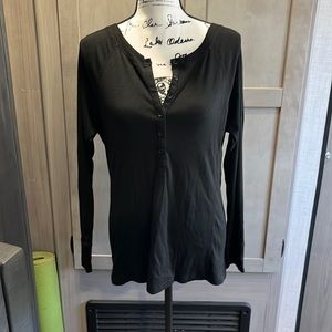 Black, long sleeve shirt, button down halfway